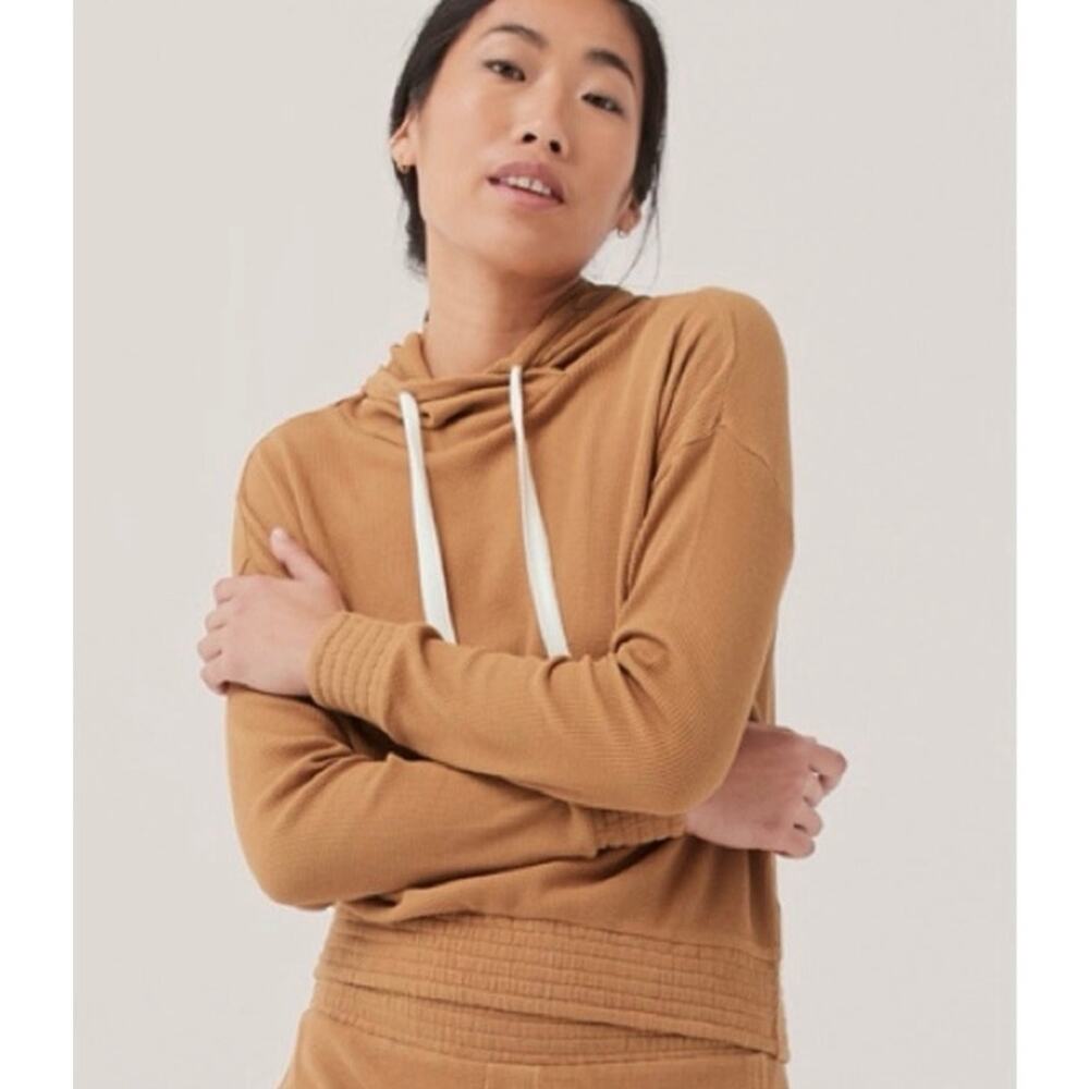 PACT Women's L Organic Cotton Pullover Lite Waffle Hoodie Knit Sweater Camel